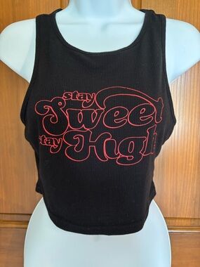 SHEIN Black Ribbed Crop Tank with Red "Stay Sweet Stay High" Graphic